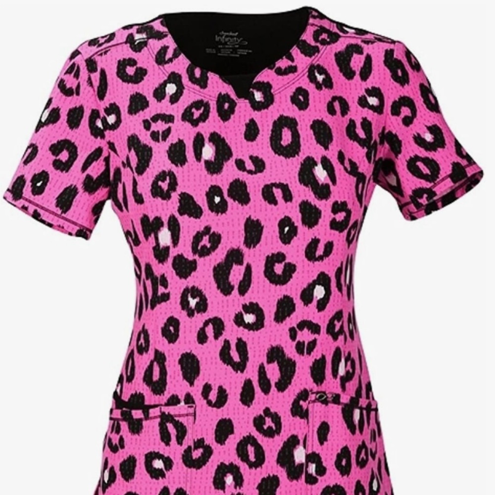 Womens L scrub top Cherokee infinity stretch pink leopard black